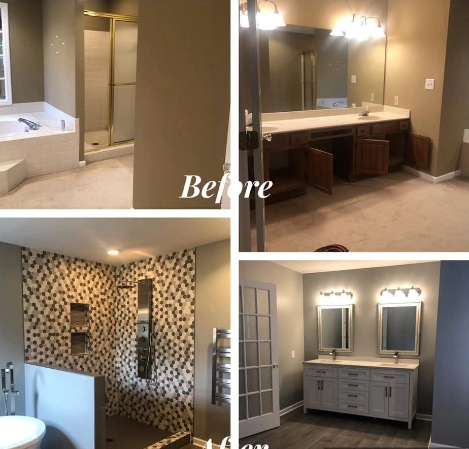 Primary bathroom remodel before and after with walk-in shower, double vanity and wood-look flooring